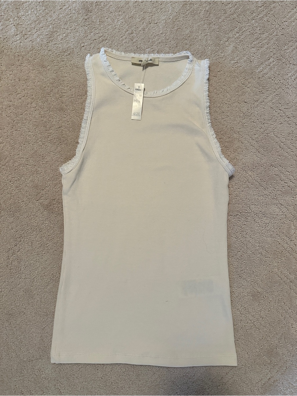 Madewell Ivory Ribbed Tank with lace Trim